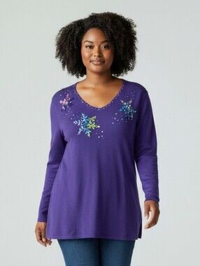 Quacker Factory Women’s Large Purple Snowflake Sequin V-Neck Pullover Sweater